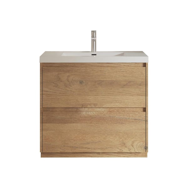 Angela-T 36 in. Single Natural Oak Bath Vanity Free Standing Vanities with Gloss White Resin Stone Top 2-Drawers