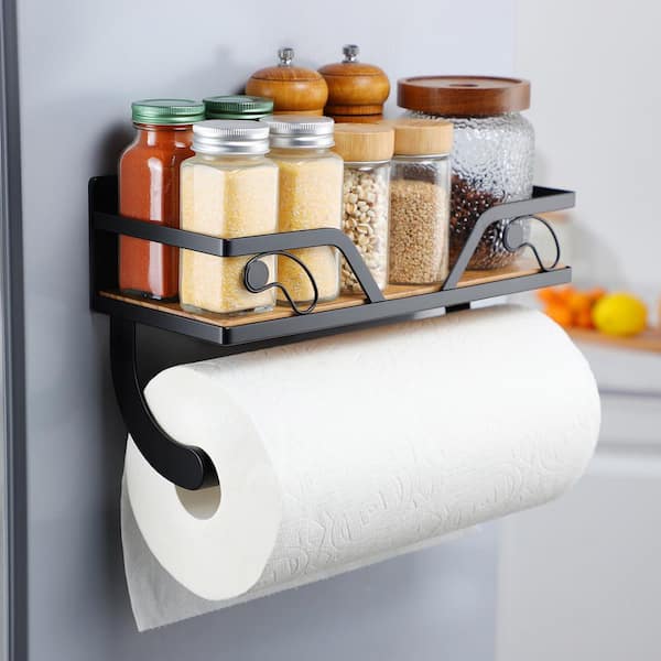 Magnetic Wall Mount Black Paper Towel Holder with Shelf and Removable Arms for Kitchen Bathroom Organizer
