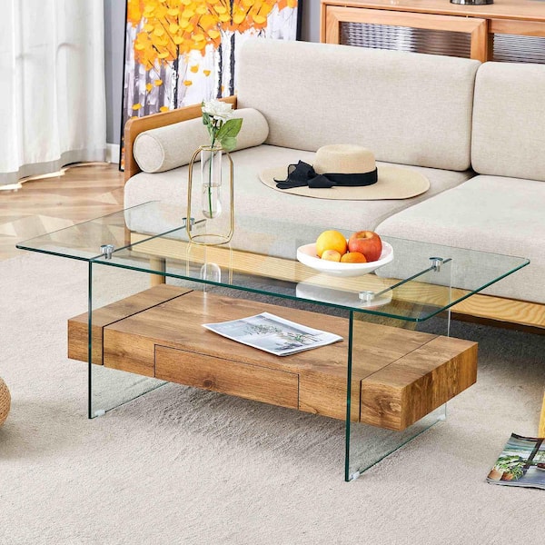 43.3 in. Natural Wood, Transparent Rectangle Glass Coffee Table with Storage and Shelves