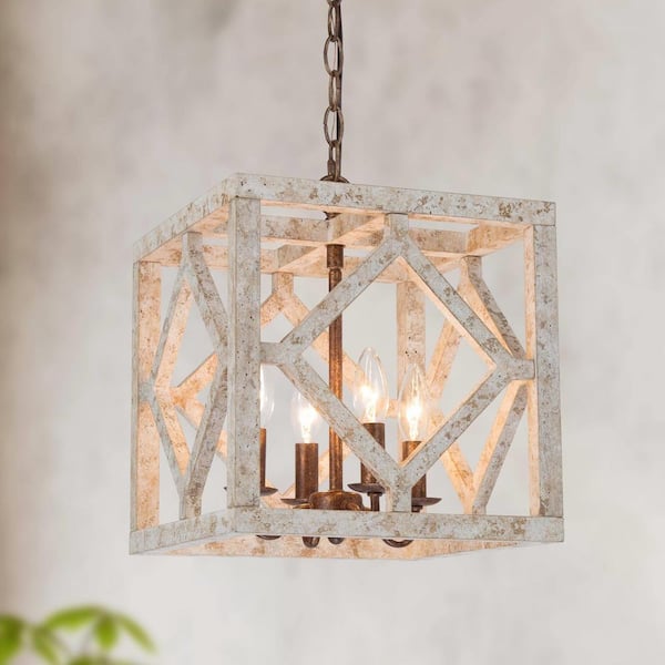 LNC Farmhouse Antique White Wood Chandelier with Weathered Square Cage, 4-Light Lantern Pendant with Rusty Metal Accents