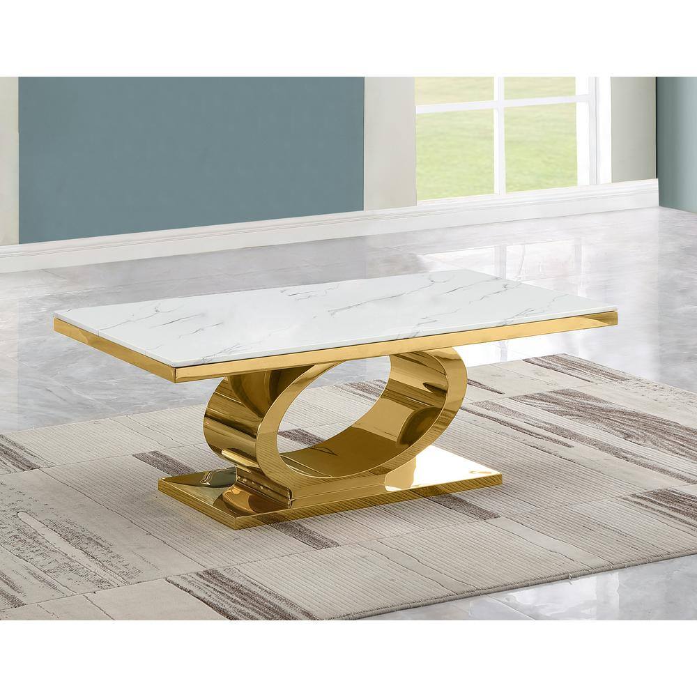 Rectangular White Marble Coffee Table with Gold Metal Base