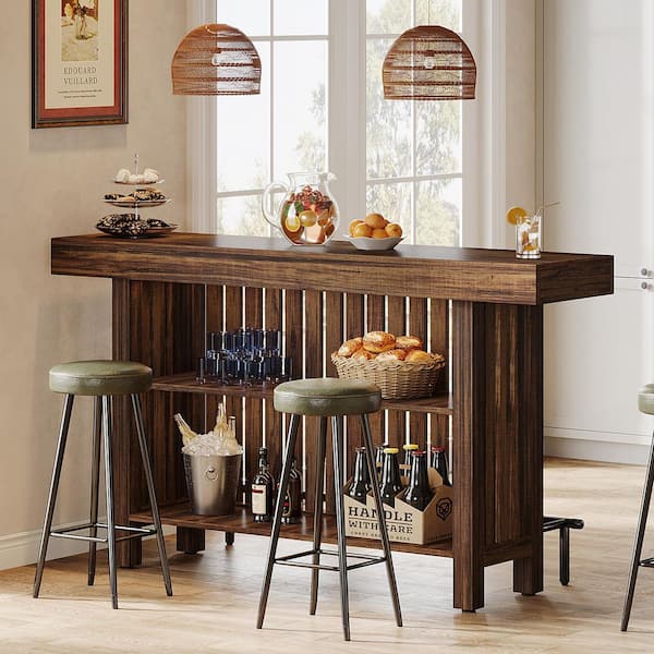 Adan 63 in. Home Brown Wood Modern 2-Tier Bar Table Footrest Corner Mini Coffee Bar Cabinet Bar Unit Modern Simple