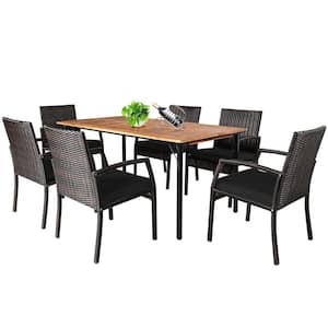 7-Piece Wicker Patio Rectangle Outdoor Dining Furniture Set Yard with Wooden Tabletop with Black Cushions