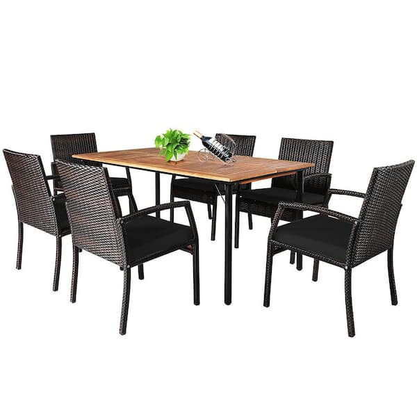 Gymax 7-Piece Wicker Patio Rectangle Outdoor Dining Furniture Set Yard with Wooden Tabletop with Black Cushions