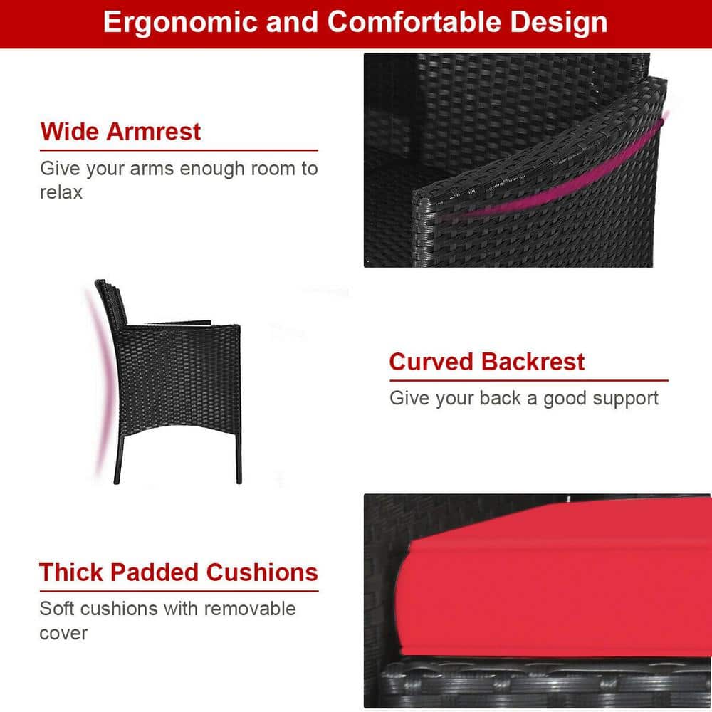 Compact Black Wicker Patio Loveseat with Red Cushions and Glass Table