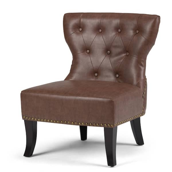 Simpli Home Kitchener Traditional 28 in. Wide Accent Slipper Chair in Rustic Brown Bonded Leather