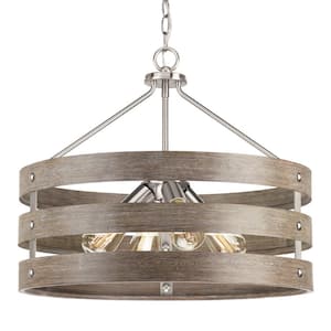Gulliver 22 in. 4-Light Brushed Nickel Farmhouse Drum Pendant with Weathered Gray Wood Accents