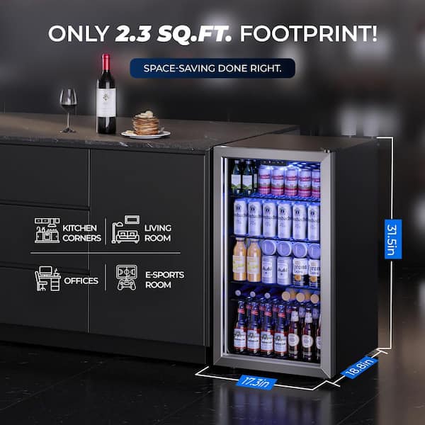 17.3 in. Single Zone-130 Can Freestanding Beverage and Wine Cooler in Silver, LED Light, UV Protection