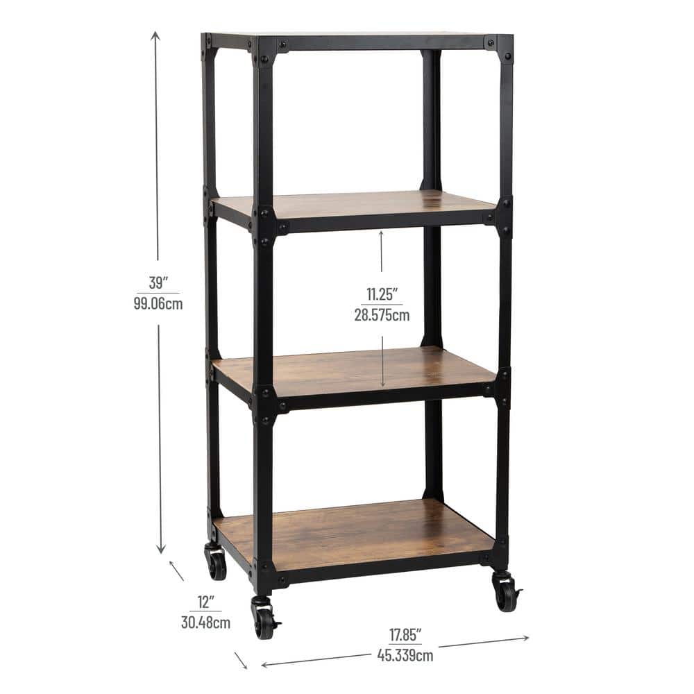 Brown Wood and Black Metal 4-Tier Rolling Utility Cart