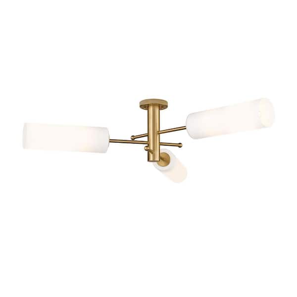 Crown Point 39.25 in. 3-Light Brushed Brass Industrial Flush Mount with Seeded Glass Shade