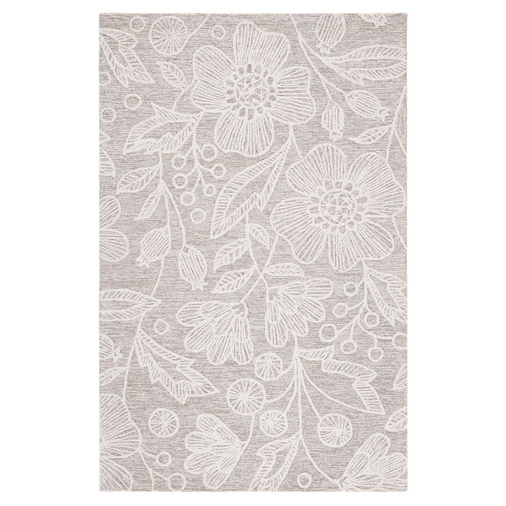 Natural Ivory Floral Hand-Tufted Wool Area Rug 5' x 8'