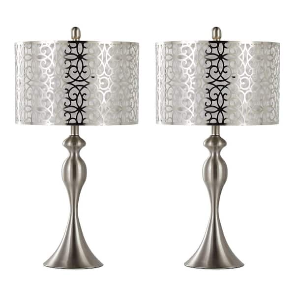 Ashland 27.25 in. Brushed Nickel and Grey Textured Linen Table Lamp with Metal Laser Cut Shade (Set of 2)