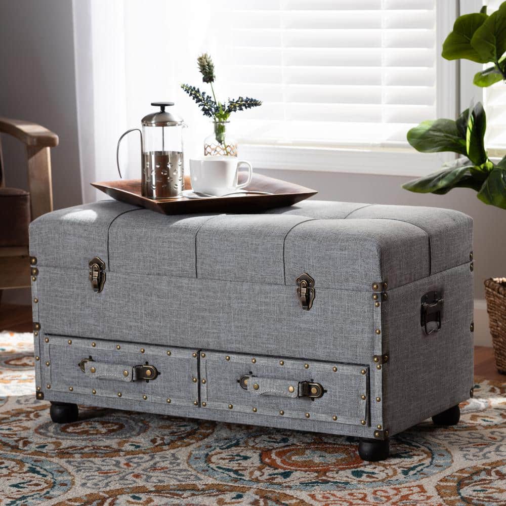 Grey Linen 32" Tufted Storage Ottoman with Antique Brass Accents