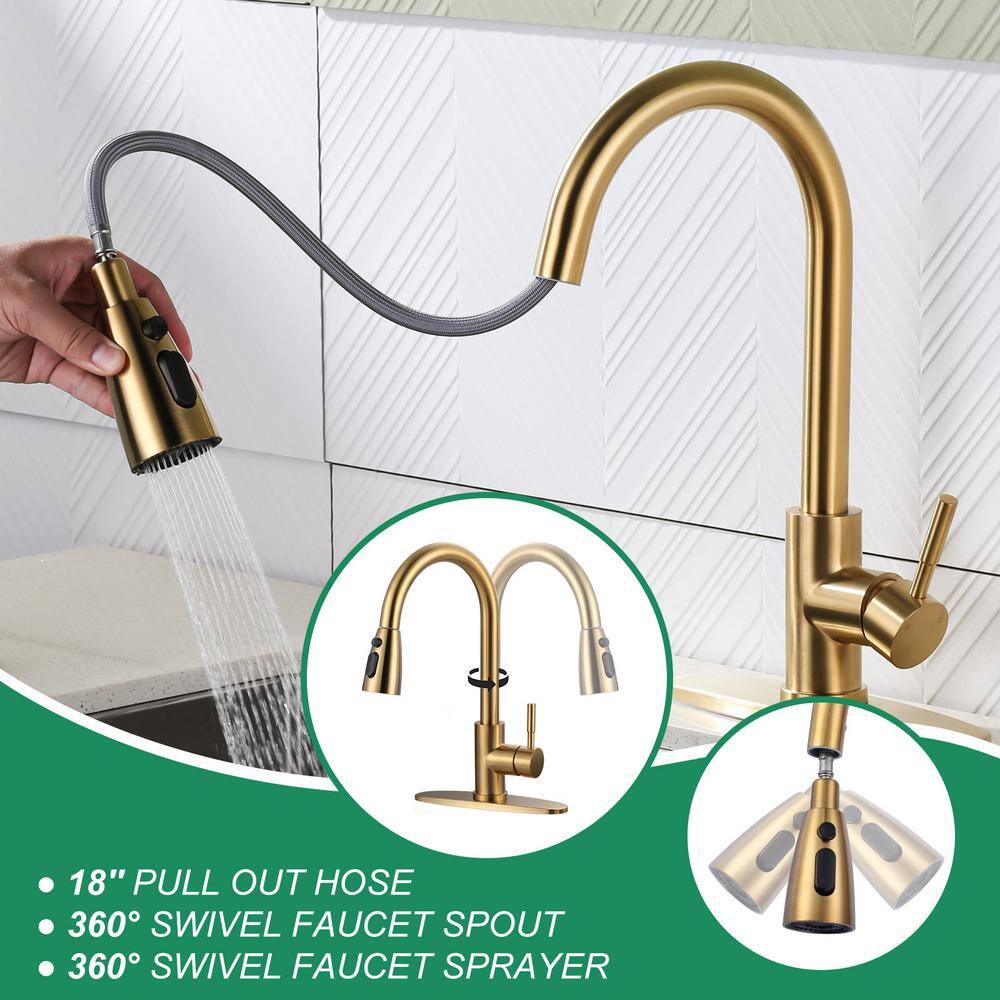Brushed Gold Stainless Steel Pull-Down Kitchen Faucet with Deckplate