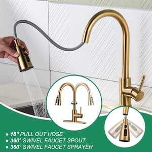 Single Handle Pull Down Sprayer Kitchen Faucet with Deckplate and Glass Rinser in Brushed Gold