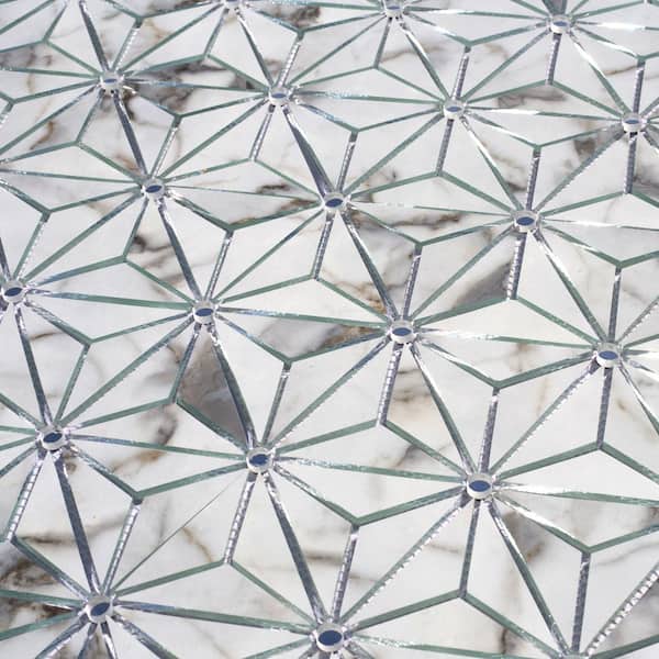 Nature Carrara White Geometric Mosaic 11 in. x 12 in. Marble Look Glass Wall Tile (8.9 sq. ft. / Case)