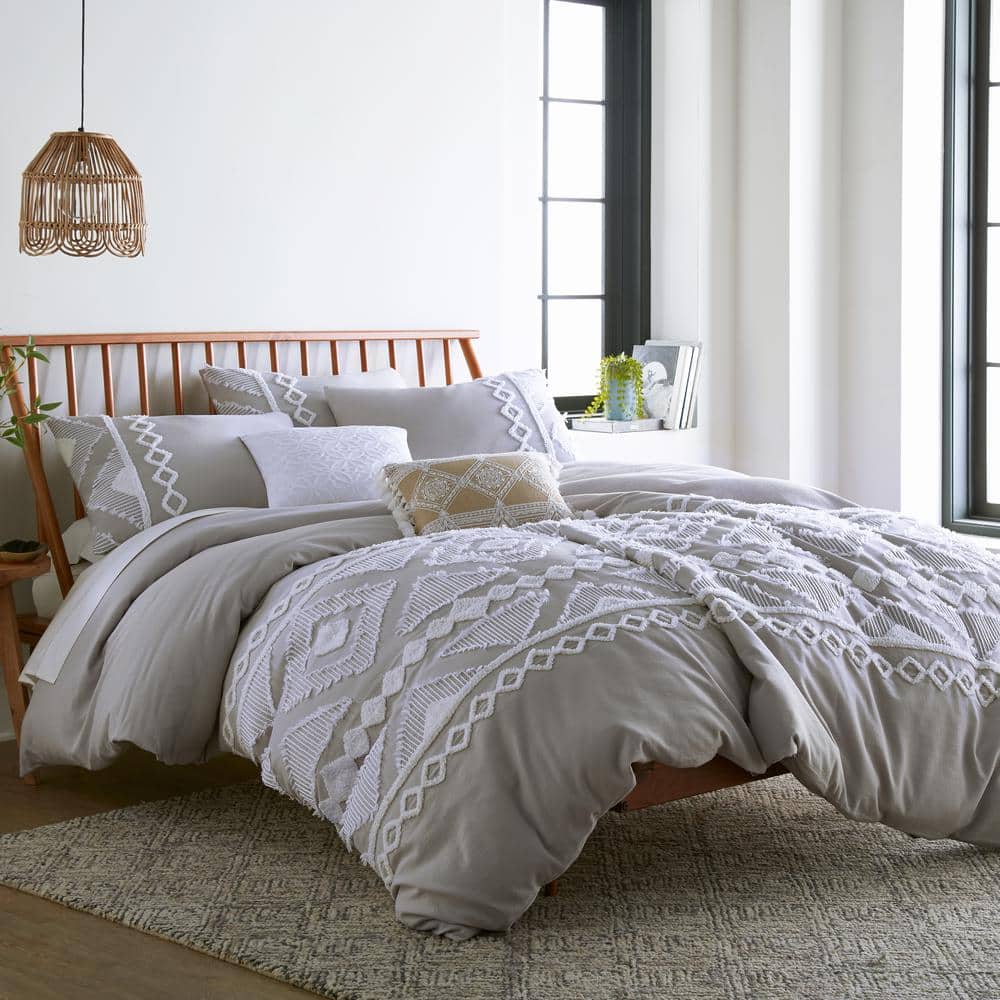 Harleson Gray and White Embroidered Cotton Euro Sham