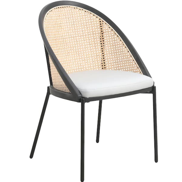 Leisuremod Dining Chair with Vinyl Fabric Seat and Wicker Backrest in Black Stainless Steel Urbane Collection in Light Grey
