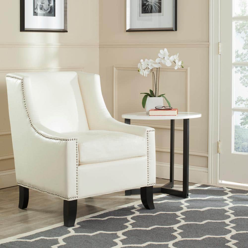 Contemporary White Faux Leather Arm Chair with Silver Nailhead Trim