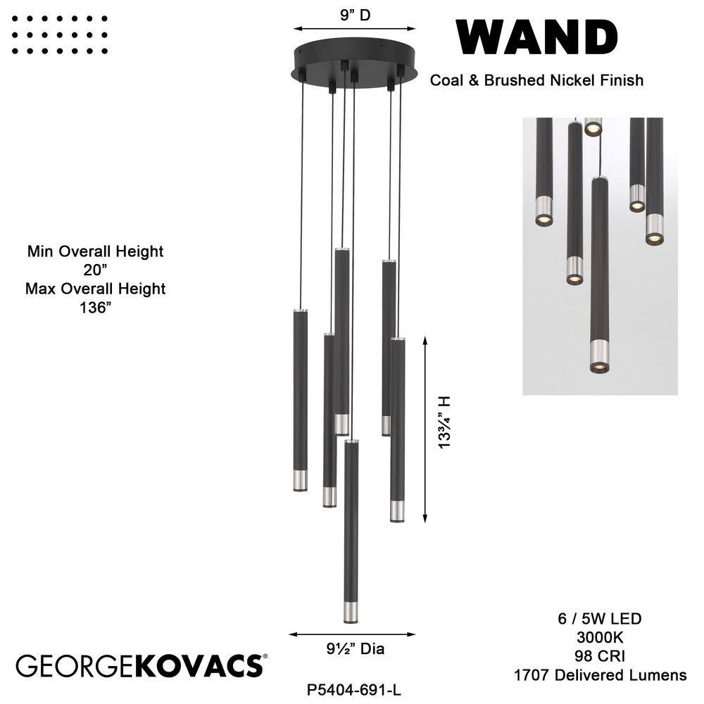 Coal and Brushed Nickel 6-Light LED Pendant with Clear Acrylic Shade