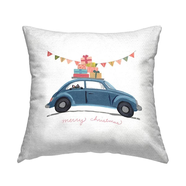 Stupell Industries Blue Merry Christmas Car Peeking Cat Gifts Multi-Color Square Outdoor Throw Pillow