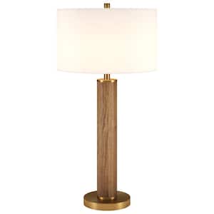 Harlow 29 in. Rustic Oak/Brass/White Table Lamp with Fabric Shade