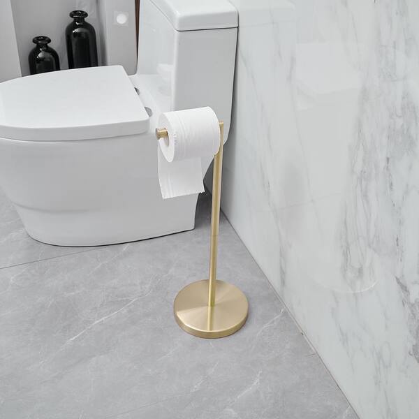 BWE Round Freestanding Toilet Paper Holder with Top Storage Shelf in Brushed Gold