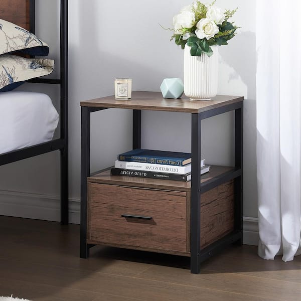 VECELO 1-Drawer Coffee Modern End/Side Table for Bedroom, Night Stand with Open Shelf 22 in. H x 15.7 in. W x 15.7 in. L