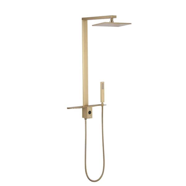 1-spray 11 in. Temperature Display Dual Shower Head and Handheld Shower Head Exposed Pipe Shower System in Brushed Gold