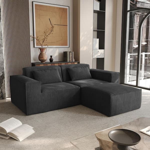 J&E Home 86.62 in. Corduroy Modular 3-Piece Corner Sectional Sofa Loveseat in Black with Ottoman