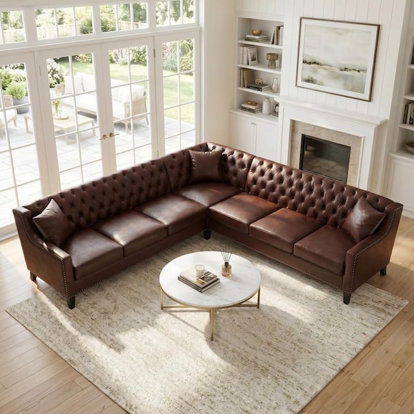 Riley Chesterfield Sofa 103.15 in. Faux Leather L-Shaped Sectional Sofa in Dark Brown with Tufted Back, Nailhead Trim