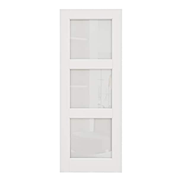 30 in. x 96 in. 3 Lite Tempered Frosted Glass White Primed Solid Core MDF Wood Interior Door Slab