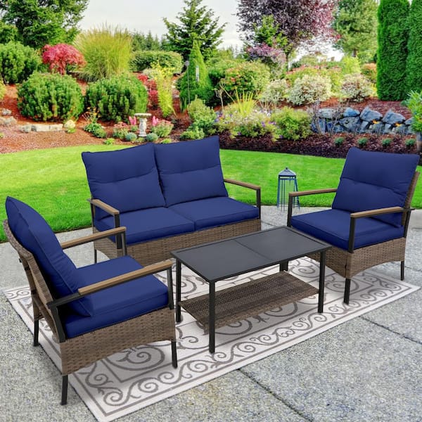 4-Piece Wicker Patio Conversation Set with Blue Cushions