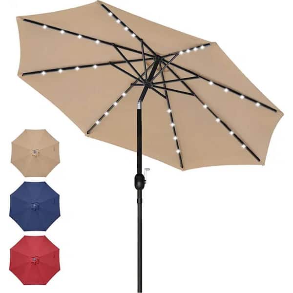 Unbranded 9 ft. Stainless Steel Market Solar Push Button 32 LED Lighted Patio Umbrella in Tan Brown