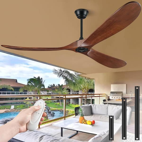 60 in. Black Standard Ceiling Fan with Brown Wood Finish Solid Blades, No Light, Downrod Mount, 6-Speed, Remote Control