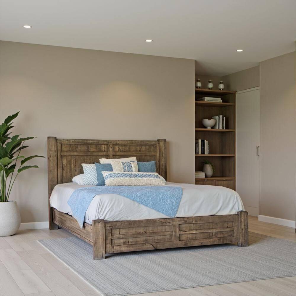 Zap Brown Wood Frame Queen Size Panel Bed with Farmhouse Carved Details