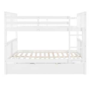 White Full Over Full Bunk Bed with Twin Size Trundle, Detachable Full Size Solid Wood Kids Bunk Bed Frame with Ladder