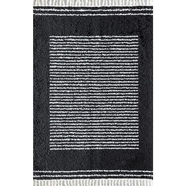 CosmoLiving by Cosmopolitan Ebony Twilight Shag Black 8 ft. x 10 ft. Stripe Area Rug