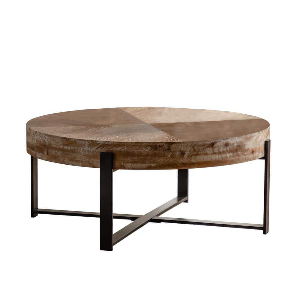 Modern Retro Splicing Round Fir Wood Tabletop Coffee Table with Black Cross