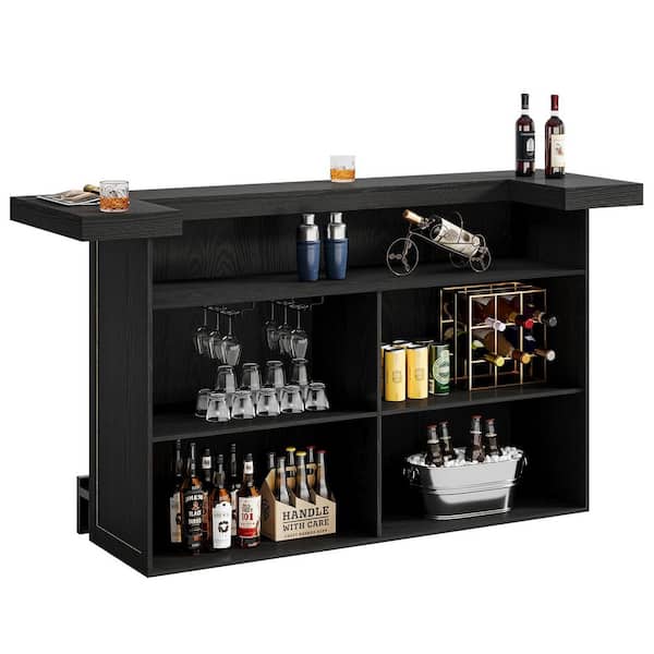 Kearsten Wooden Bar Counter with 5 Muti-Bottle Complements, 43.3 in. H Black Bar Table for Bars, Dining Room