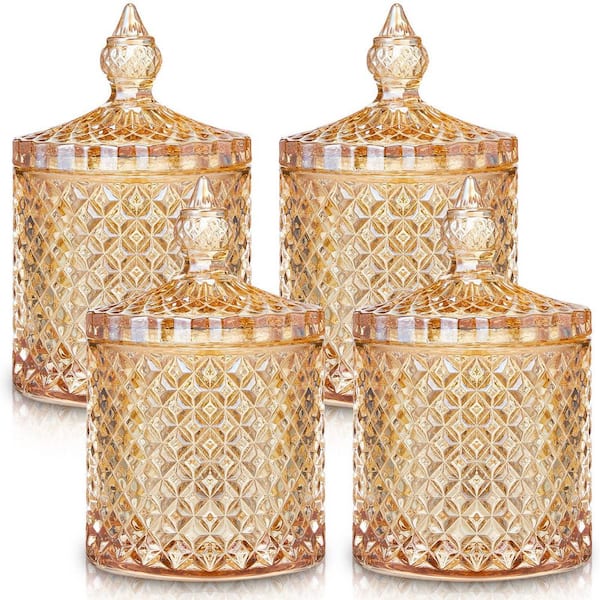 4-Piece Amber Diamond Design Crystal Glass Decorative Storage Jars Set with Lids for Home Organizing