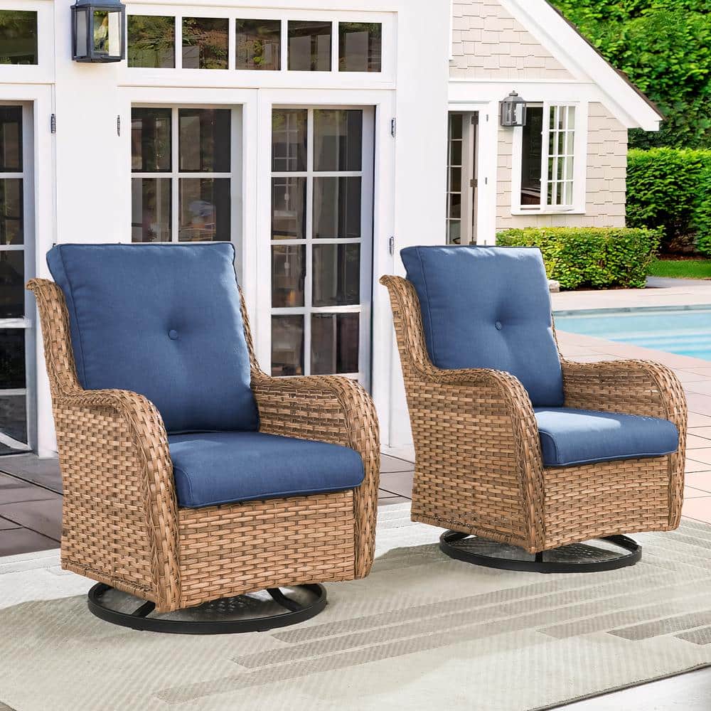 Yellow Wicker Outdoor Rocking Chair with Blue Cushions