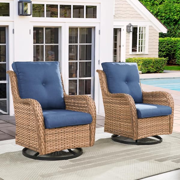 Pocassy Outdoor Swivel Yellow Wicker Outdoor Rocking Chair with CushionGuard Blue Cushions Patio (Set 2-Pack)