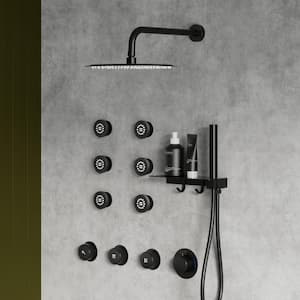 Thermostatic 7-Spray Wall Mount Round 2.5 GPM Shower System with Shelf and Hooks in Matte Black (Valve Included)