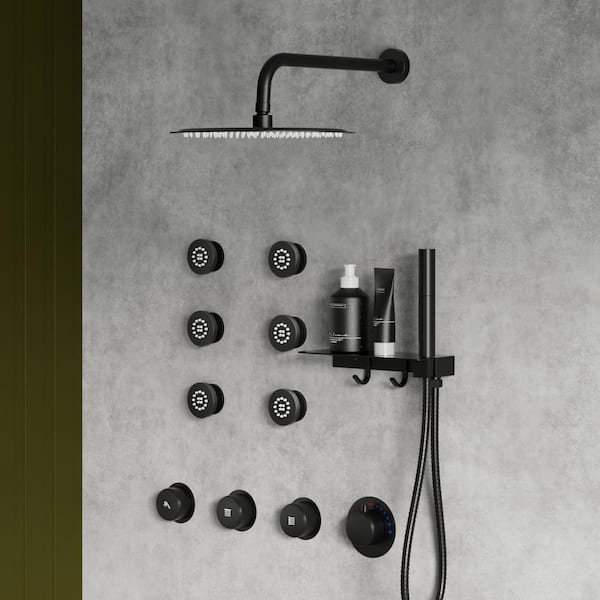 CRANACH Thermostatic 7-Spray Wall Mount Round 2.5 GPM Shower System with Shelf and Hooks in Matte Black (Valve Included)