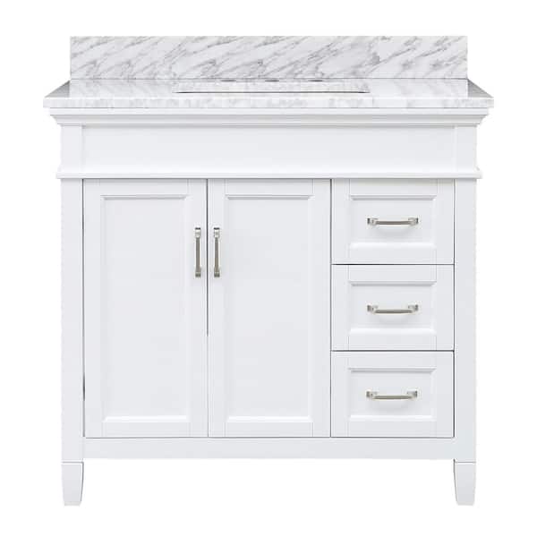 Home Decorators Collection Ashburn 37 in. Single Sink White Bath Vanity with Carrara White Marble Top (Assembled)