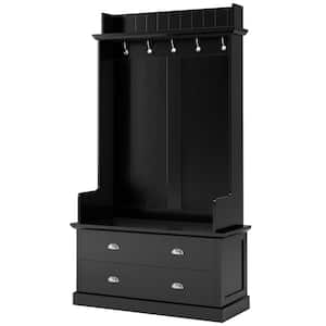 38.5 in. Black Freestanding Hall Tree with 2 Large Drawers and 5 Metal Hooks