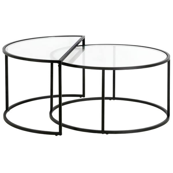 Premium Round Nest Of Tables Coffee Table Black Oak Brass Metal