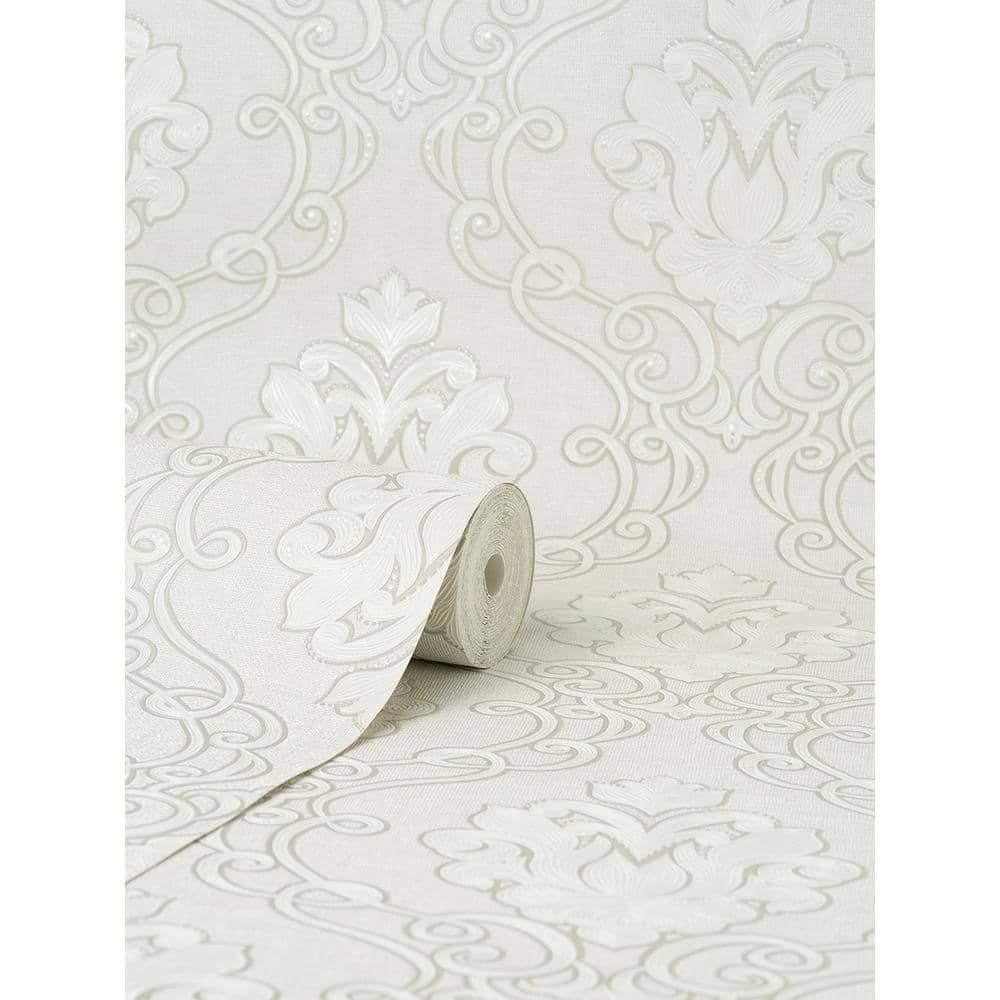Florentine White and Pale Grey Damask Vinyl Wallpaper