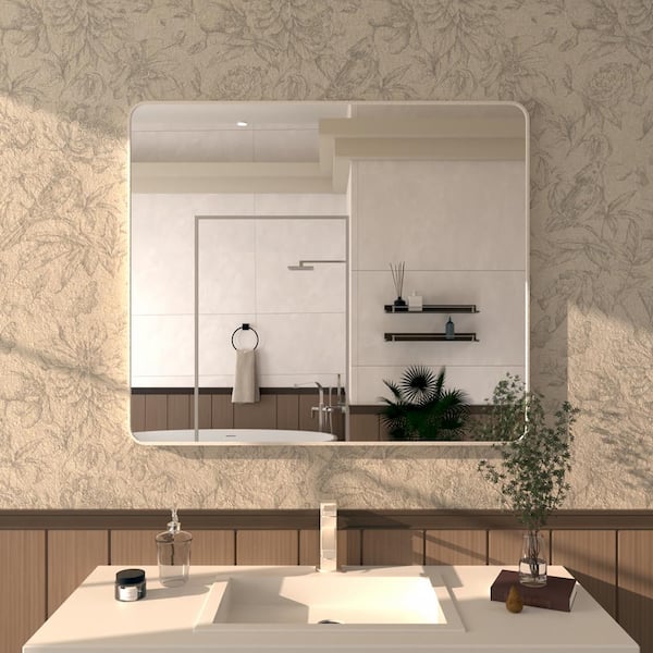 Hermitage Bath Cosy 42 in. W x 36 in. H Rectangular Framed Wall Bathroom Vanity Mirror in Brushed Nickel